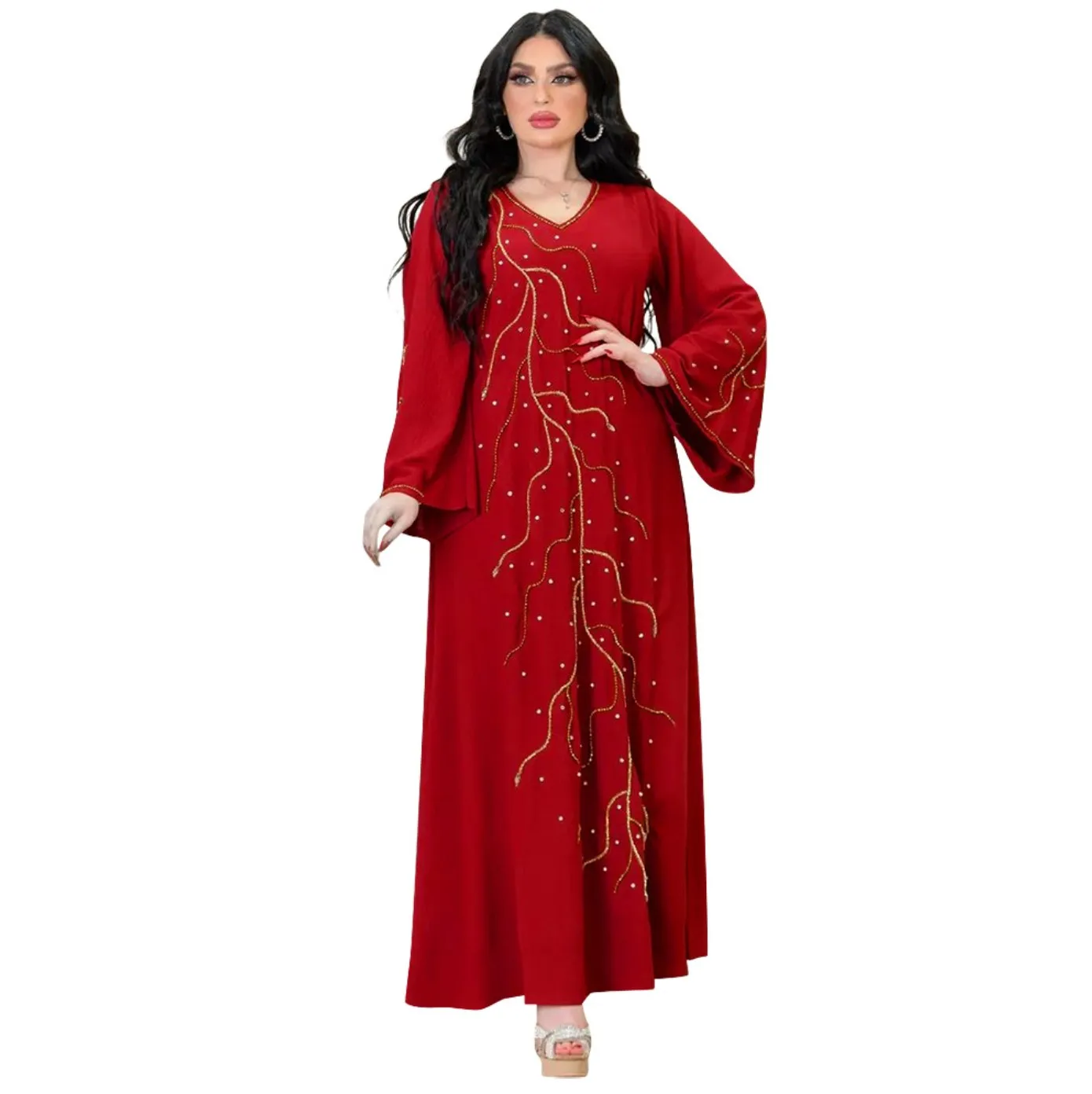 Muslim clothing Islamic lady abaya dubai Muslim women dress red ironed diamonds maxi prom dress