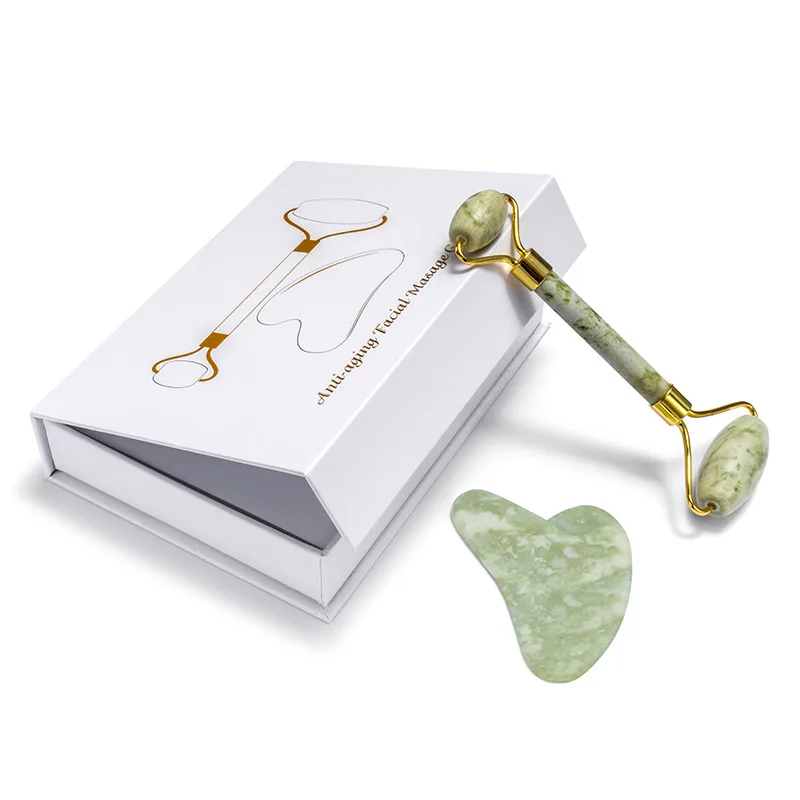 High quality anti aging facial massage tools face rose quartz jade roller gua sha set pink gift gold stone body