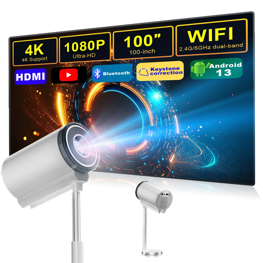4K Projector with 5G WiFi Android TV 200 ANSI Native 1080P Outdoor Movie Projector Dust-proof for Phone/TV/HDMI/USB