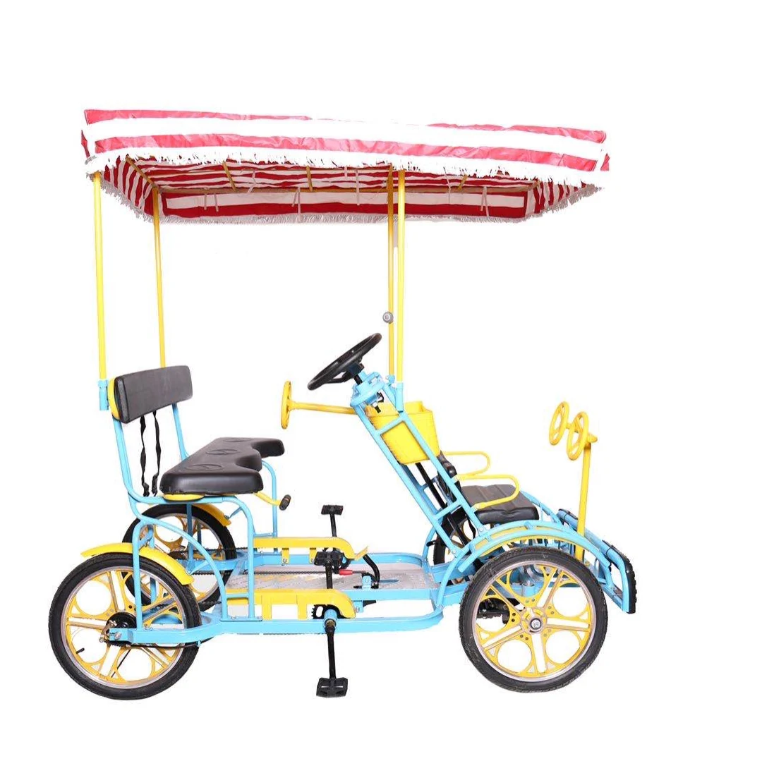 Hot sale 2 seats   4 wheel  2 person blue red pink green  tandem surrey bike for family rental sightseeing in park