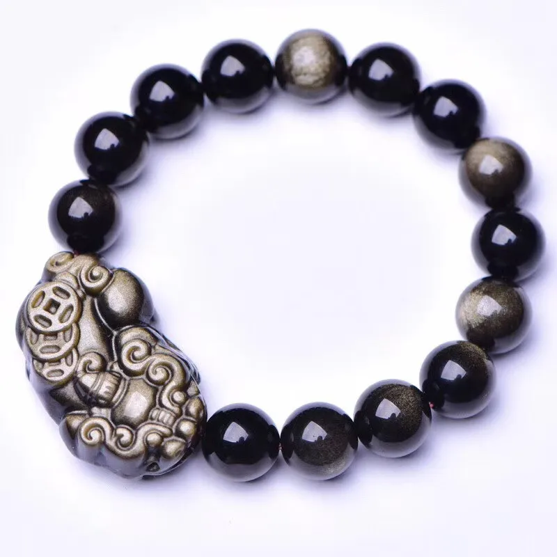 Natural Mexican obsidian gold obsidian pixiu Fu pig hand leather hill Buddha beads crystal bracelet