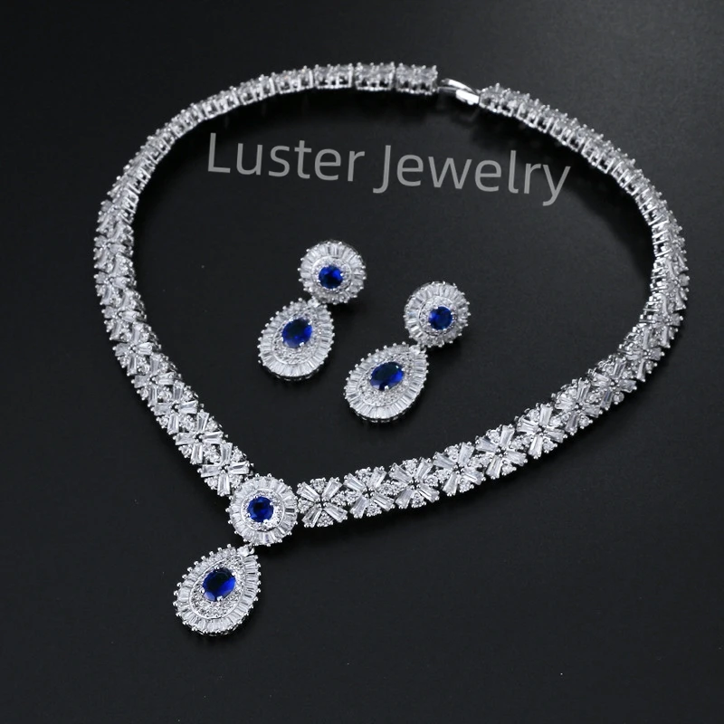 Luster pear pendant earring 100% sterling silver 925 red necklace jewelry set for woman with zircon