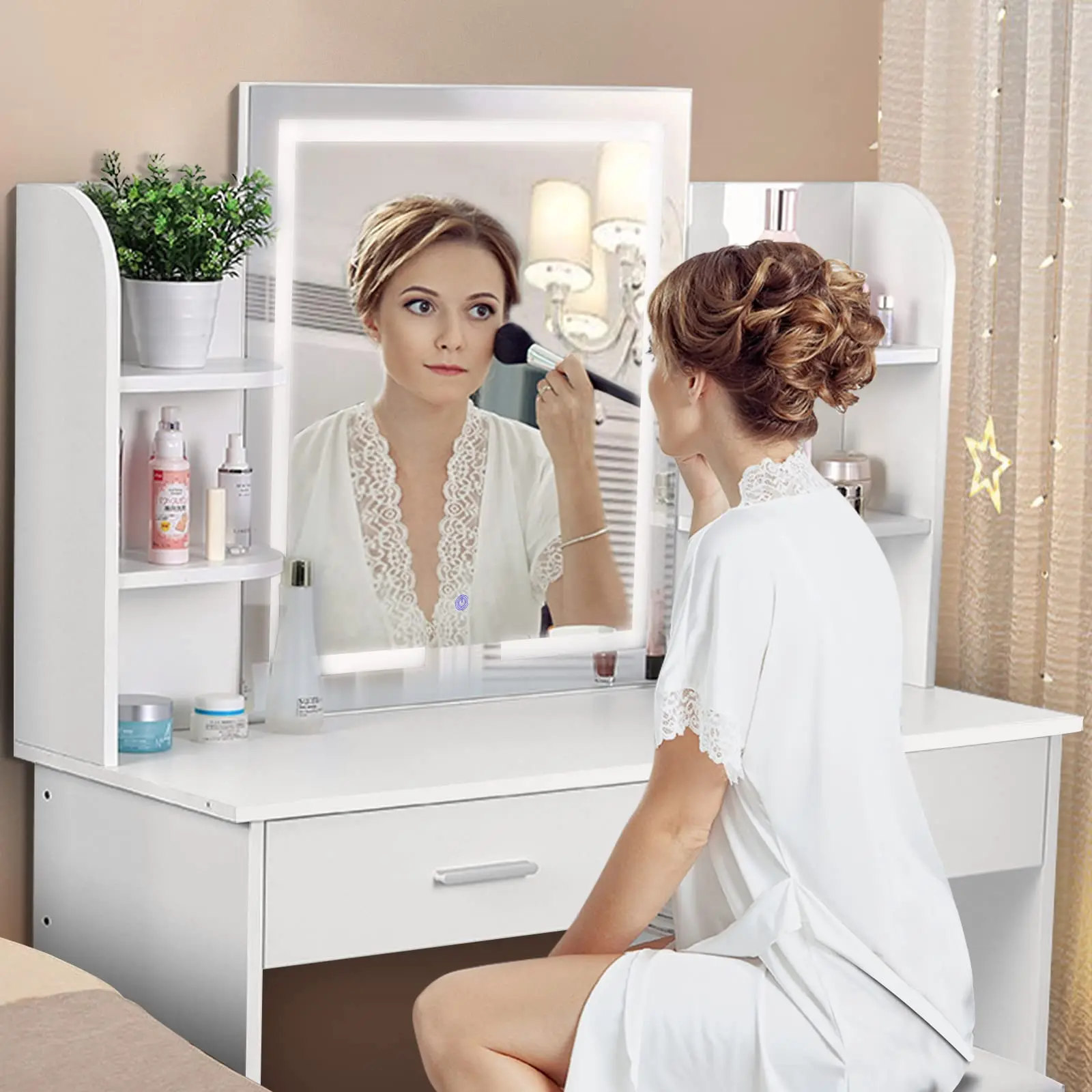 Factory Wholesale Customized Cheap Lights Makeup  Vanity Table Lighted Mirror Dressing Table Led Mirror makeup desk With Drawers