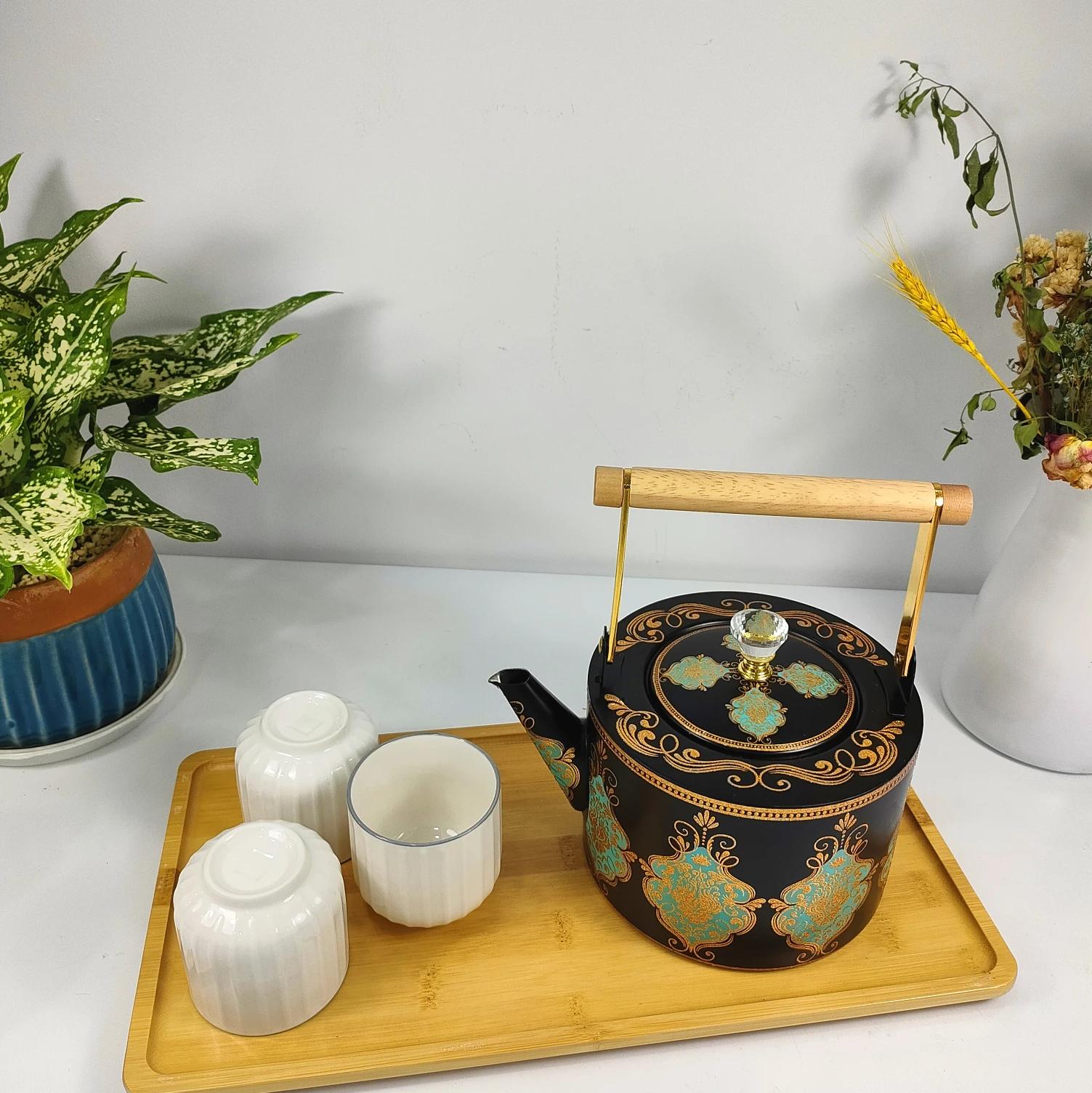 Boyang good quality custom teapot with wooden handle 1/1.5/2L gold plated stainless steel water kettle