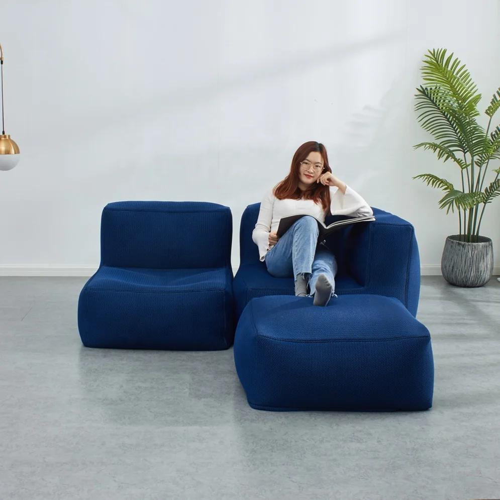 New Design Indoor Outdoor Sandwich Mesh Fabric Large Sectional Sofa Set Living Room Bean Bag Sofa with Beans Filling