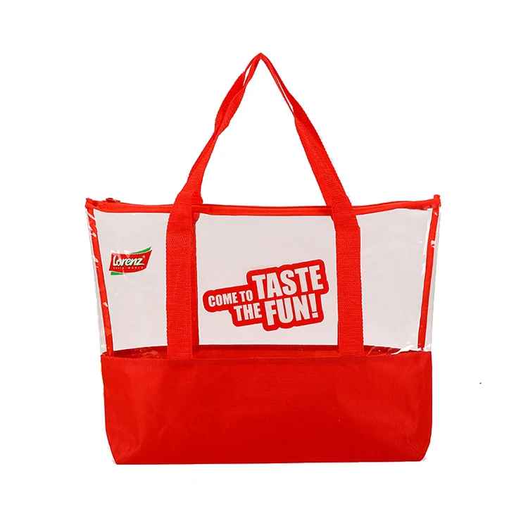 Custom large capacity Red color 600D Oxford polyester and PVC cloth supermarket shopping transparent zipper bag logo printed