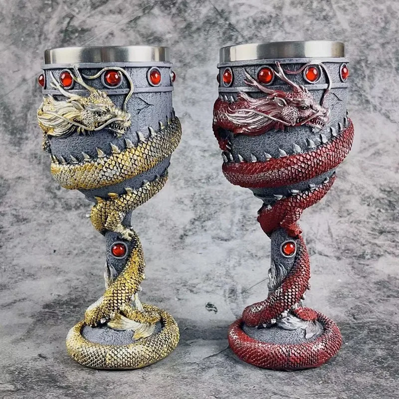 3D Carved Golden Dragon Goblet with High Aesthetic Value Stainless Steel Inner Tank Chinese Vintage Resin Wine Cup