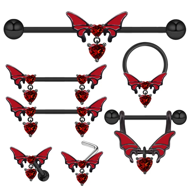 New Stainless Steel Red Butterfly Navel Nose Piercing Industrial Barbell Cartilage Helix Earring Heart CZ Dangle Nipple Piercing