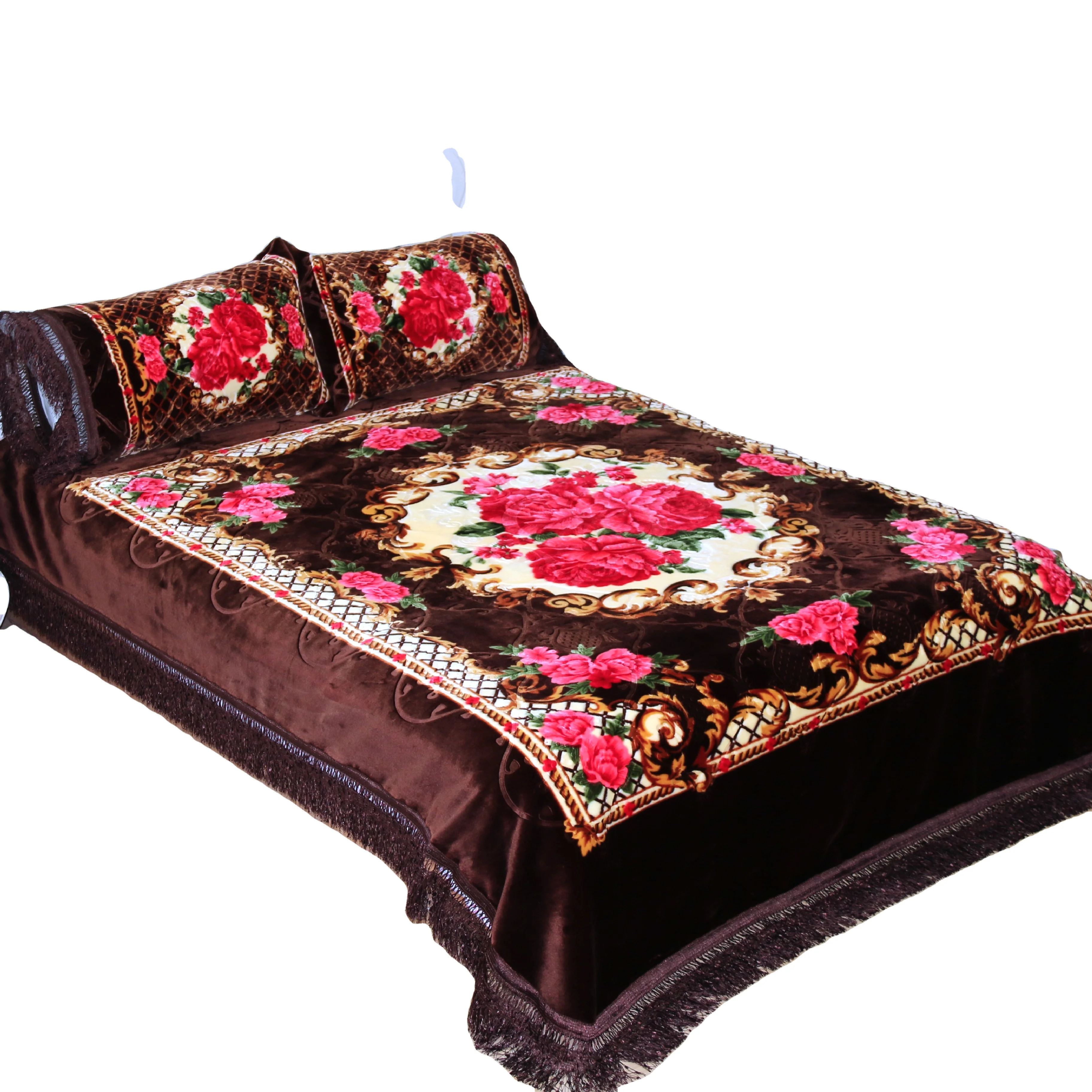 100% Polyester Embossed Dubai style korean with logo classic design raschel mink blanket set