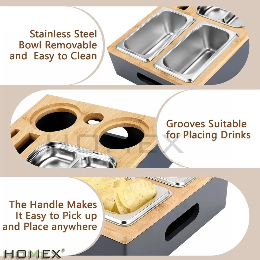 Bamboo Divided Snack Box Dispenser Container with Lid Bottle Holder for Living Room Picnic Party