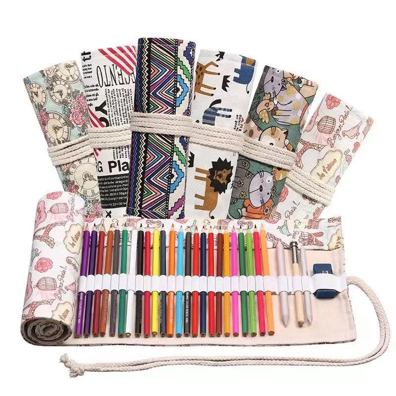 12 to 72 Holes Handmade Wrap Canvas Pencil Pen Bag Multi-color Painting roller Up pencil Case Paint brush bag
