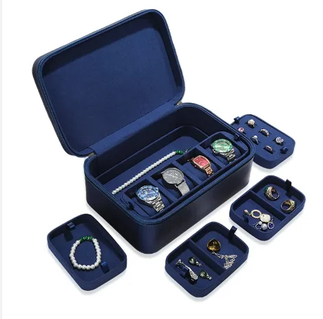 Navy blue multi-layer jewelry body storage box luxury pillow leather jewelry multi-purpose travel box