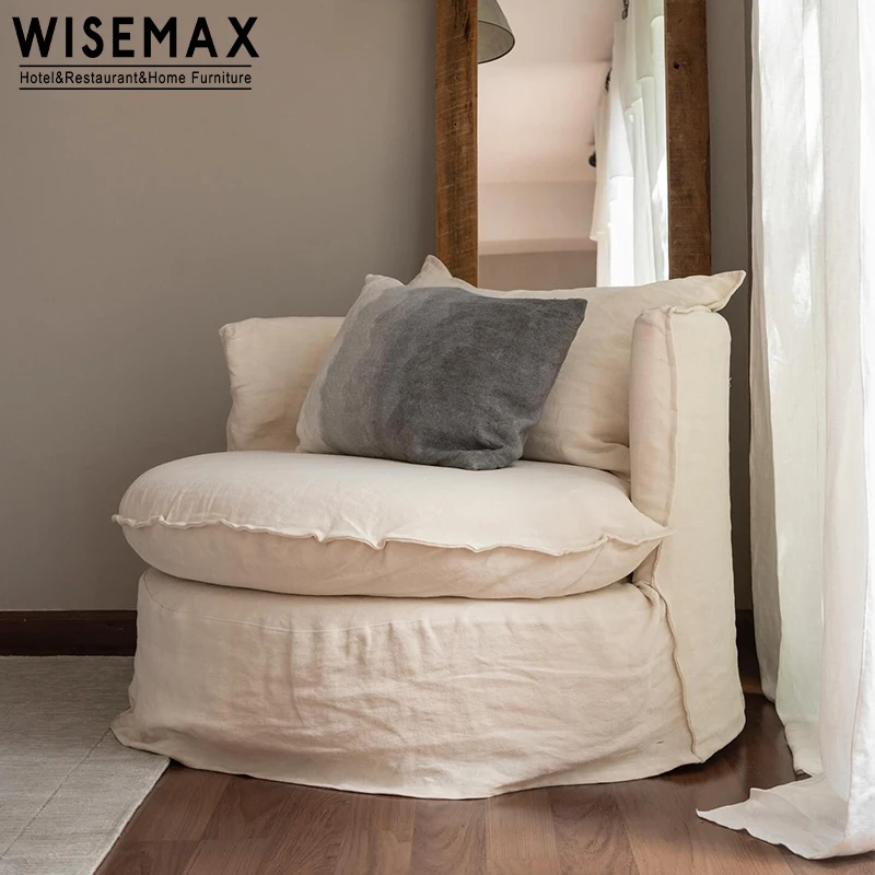 WISEMAX FURNITURE linen fabric feather down single sofa set luxury sofas round shaped floor couch sectional fabric sofa set