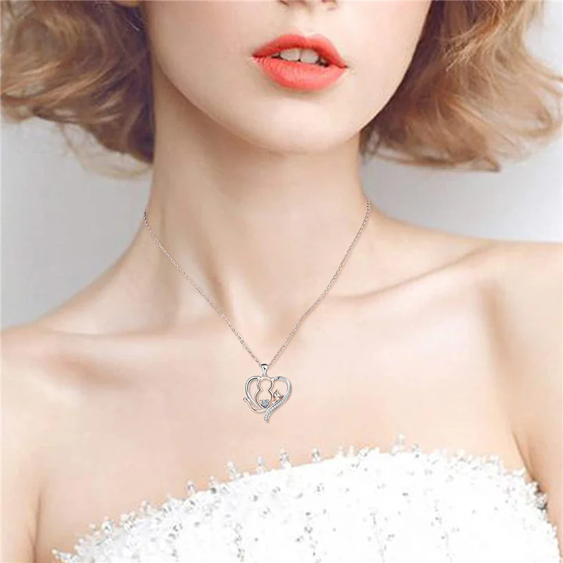 Dainty Animal Sterling Silver 925 Cubic Zirconia Heart Cat Necklace for