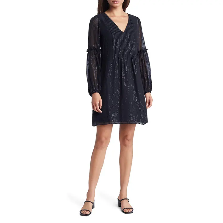 unique v neck Long balloon Sleeve frock dress wholesale custom Twinkling Metallic Silk Chiffon Shift Dress