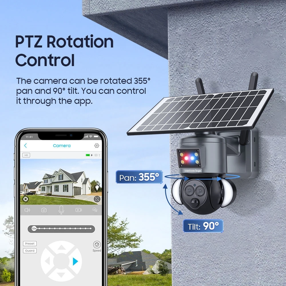 Custom Logo 6MP WiFi HD PIR Human Detection PTZ Security System Speed Dome 12X Zoom Wifi Outdoor Solar CCTV Camera