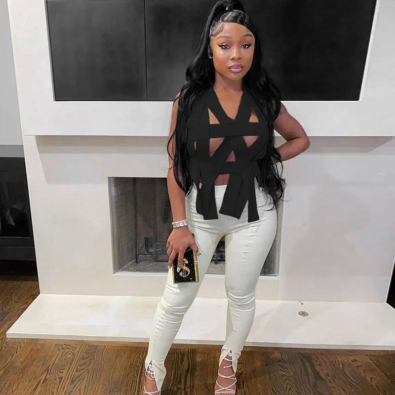 Hot Sale Women Hollow Out Front Back Strap Sleeveless Crop Top Backless Bandage Top Blouse