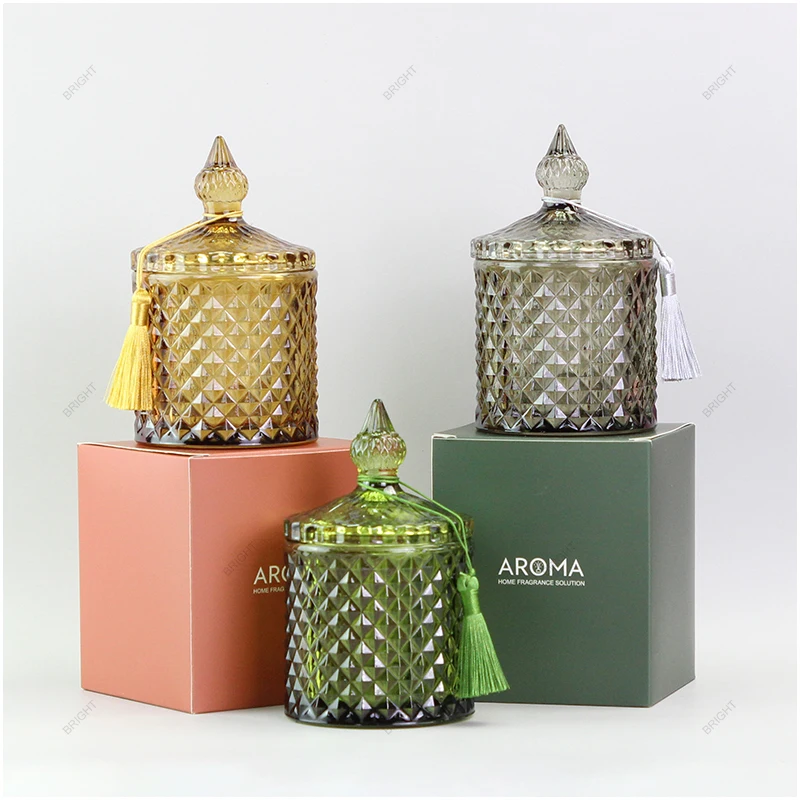 Wholesale 250ml multi color crystal glass geo cut geometric candle jar with gold rim lid for party wedding decorations