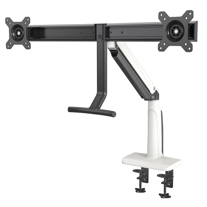 Dual Monitor Arm  Mount with Crossbar 2 Piece Clamp Mount Base | Angled Link/Dynamic Link | Standard Black Vesa Bracket