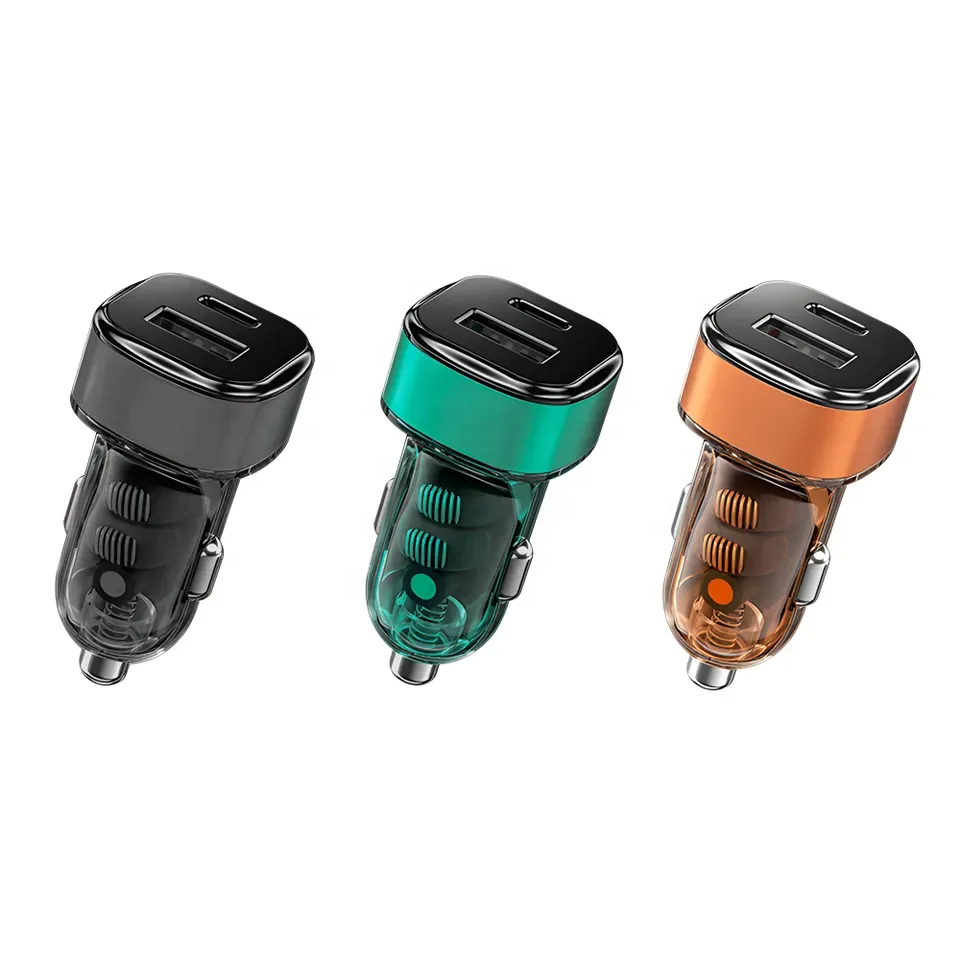 2024 New Transparent Transparent Shell Car Charger A+C Dual Ports Fast Charging Car Charger for Iphone