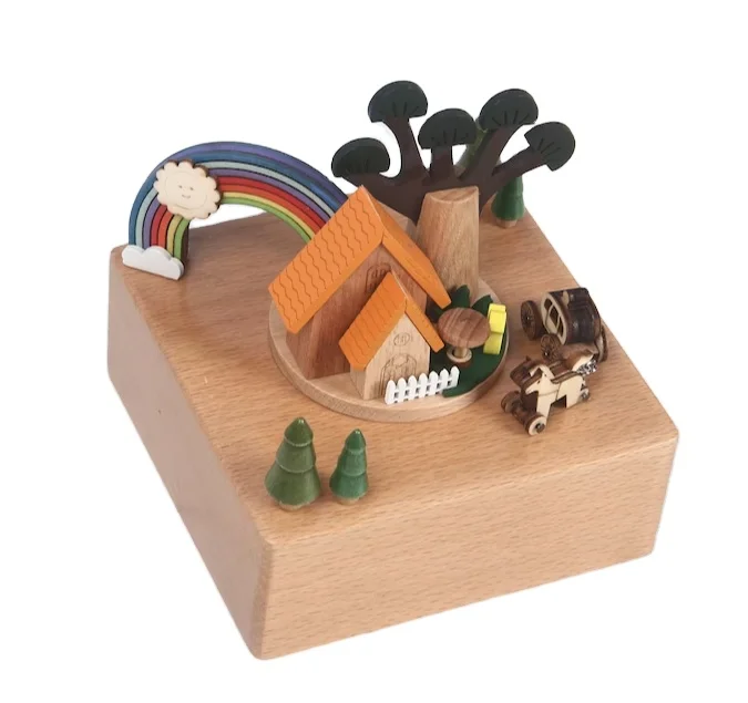 Rainbow House Vintage Music Box Baby Music Box with Rotating Carriage Select Your Melody Custom Wooden Music Box