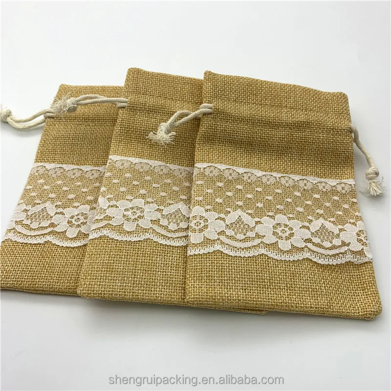 Weddings Receptions Jute Burlap Sack Favor Bag 4'x 6' Natural Jute Bags With Lace