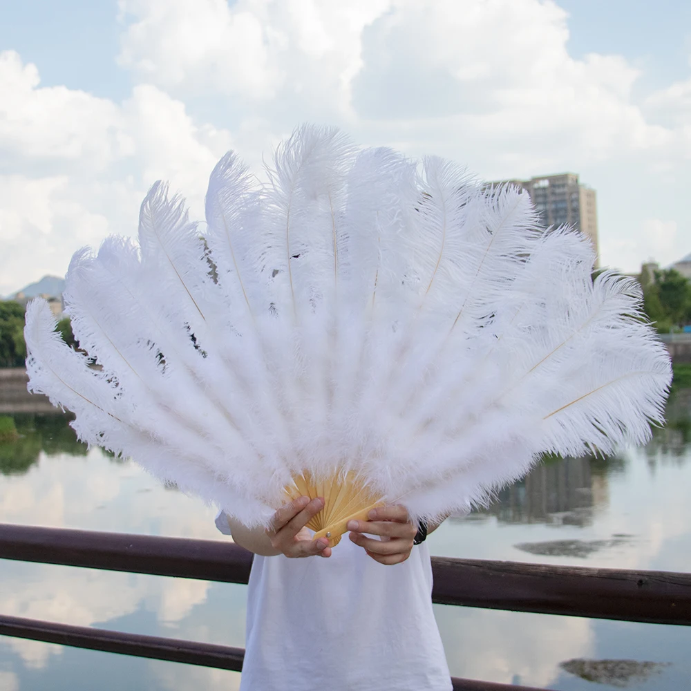 Orange Large Ostrich Feather Fans Fluffy Performance Dance Folding Hand Held Fan Various Styles Party Props Stage Show Props Fan
