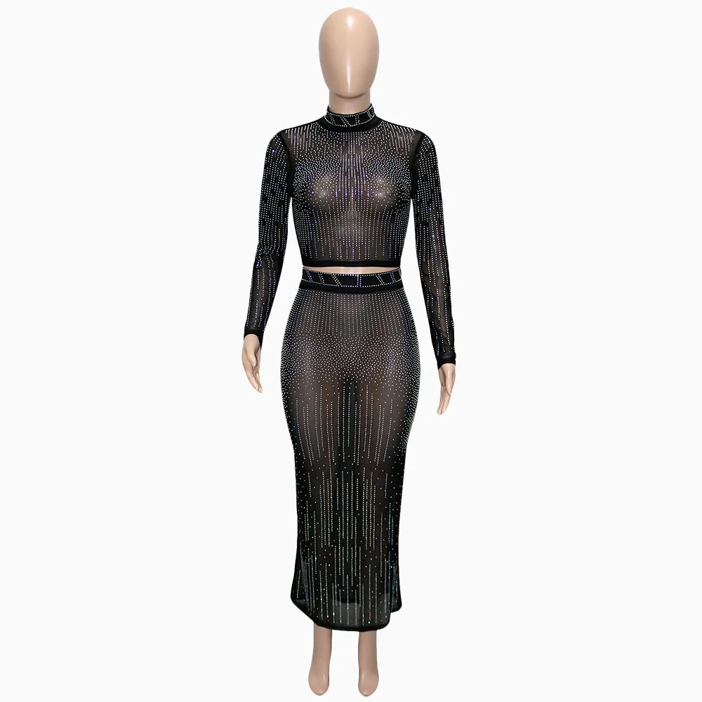 S61101 hot selling fashion sexy top and skirt rhinestone long sleeve evening women two piece set clothing