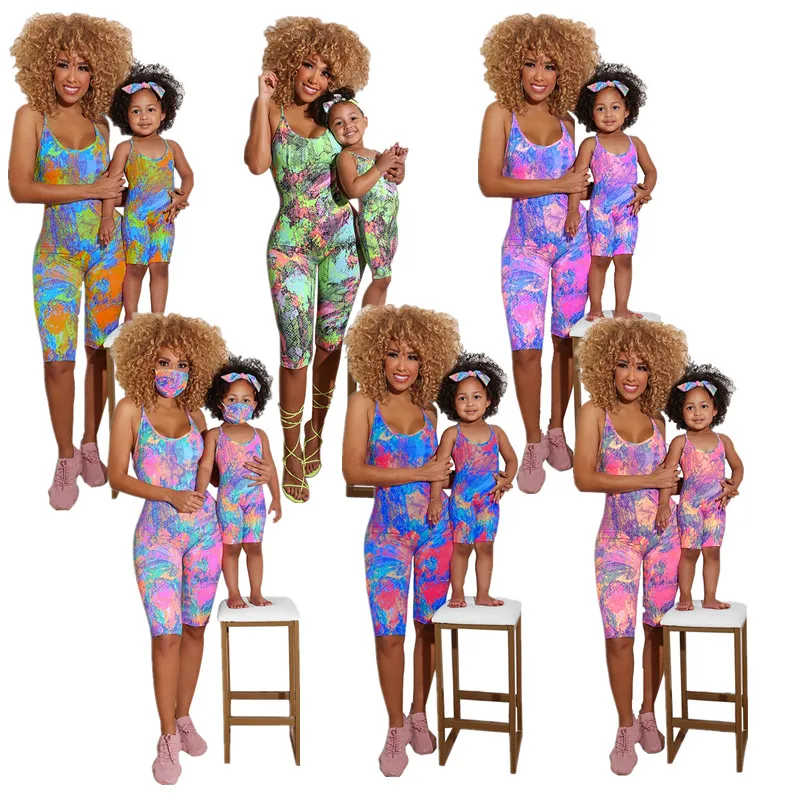 
2021 New Sling Shorts Summer Mommy And Me Outfits Pajamas Family Kids Onesie Matching Parent-child Outfits One piece Jumpsuit 