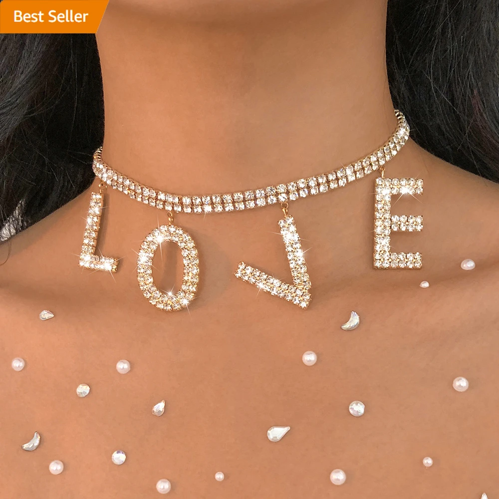 Crystal Choker Necklace Gold Plated Custom Rhinestone Big LOVE Letters Pendant Collar Necklace Chain