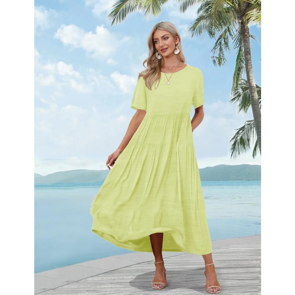 Plus Size Elegant dresses for Women Casual Summer Dress Boho Crew Neck Short Sleeve Babydoll Floral Print Flowy Beach Dresses