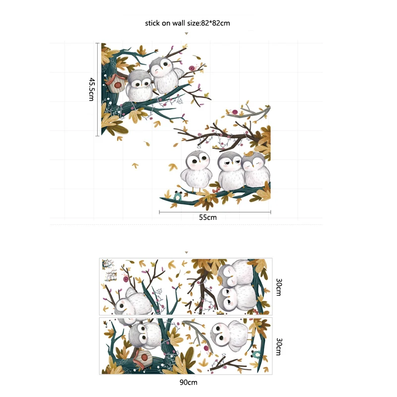 home decorative 3d cartoon owl on the tree cartoon vinyl kids wall decals