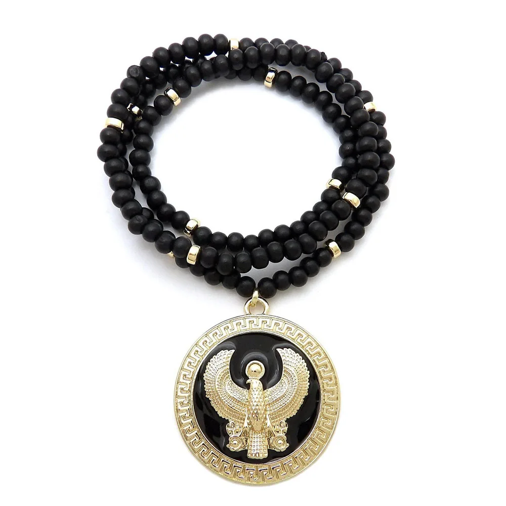 Hip Hop Egyptian Bird Pendant 8mm Wood Bead Chain Necklace