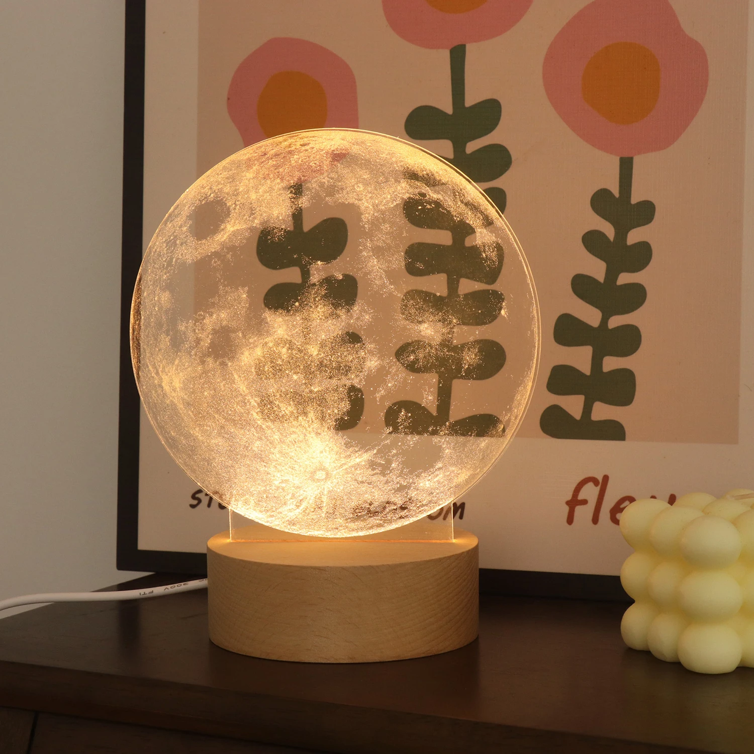 Hot Sale Bedroom Decor Acrylic Led Lamp Wood Base For Kids Lamp Night Light