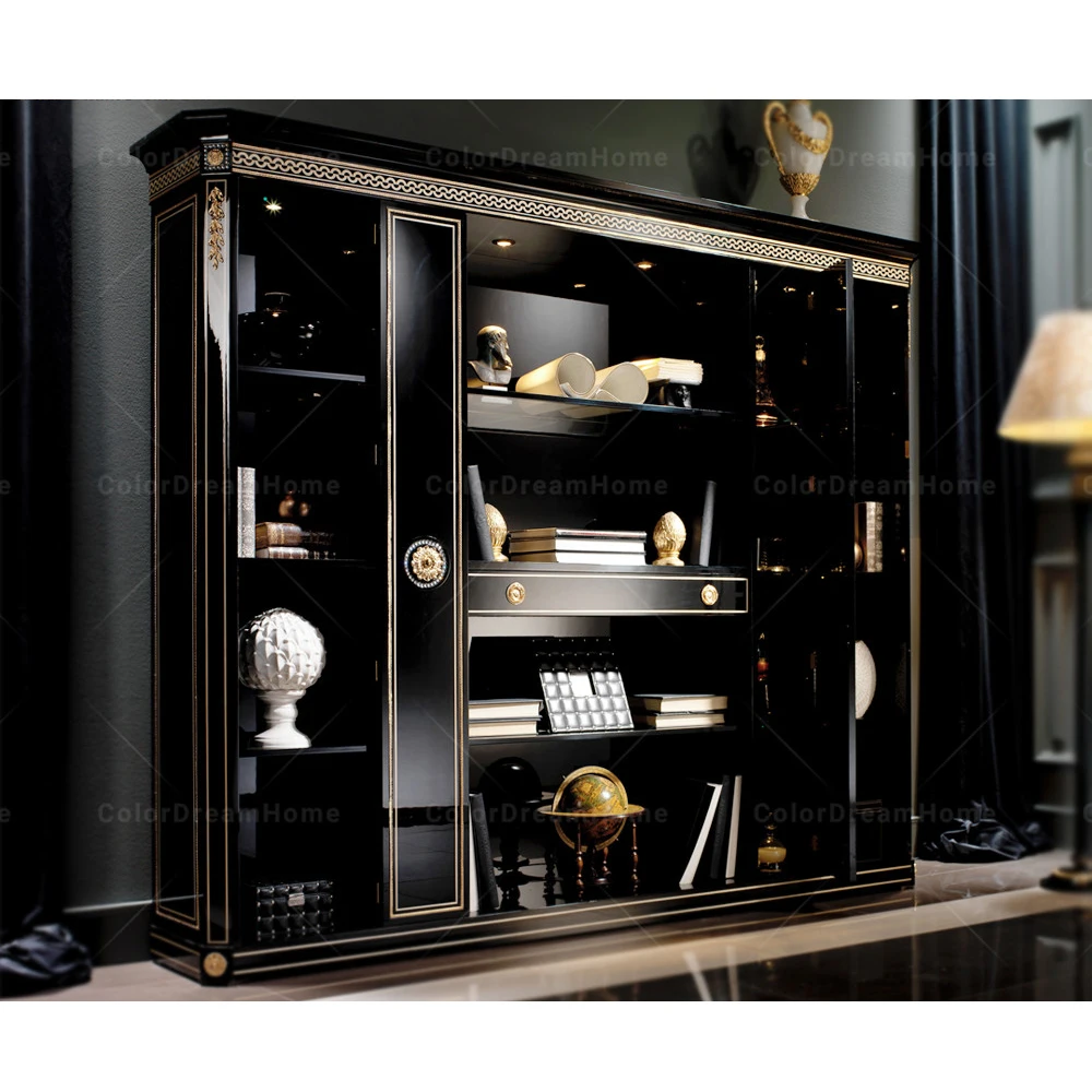 High quality European office furniture wooden cupboard with showcase designs luxury black wooden file cabinet