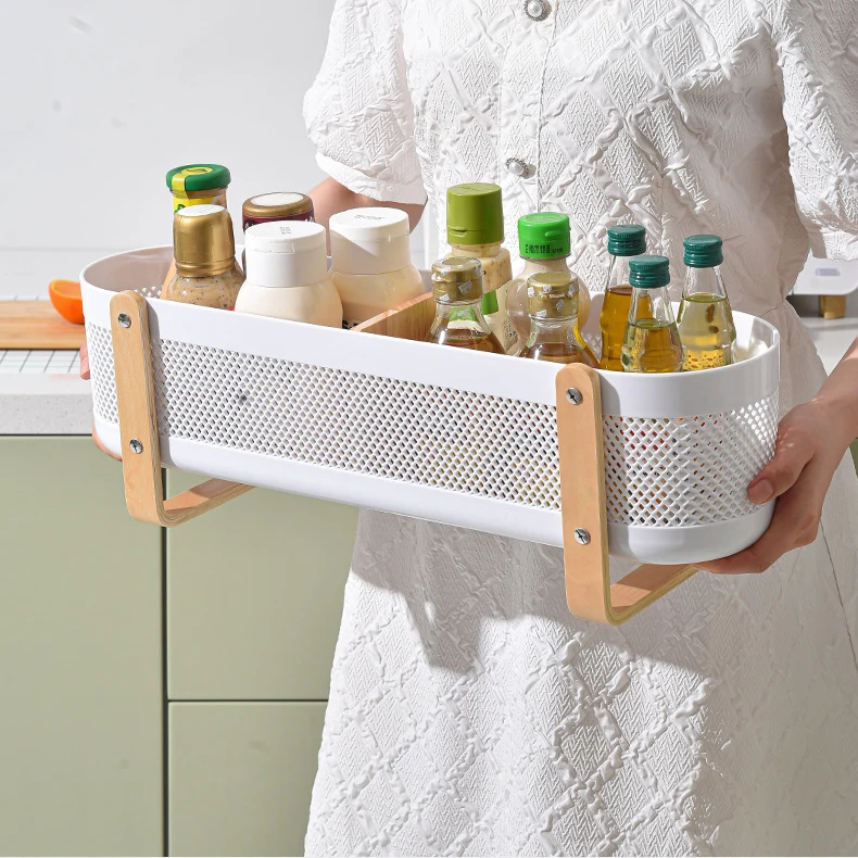 Creative Wooden Handle Storage Holder Rectangular Plastic Basket for Kitchen Cabinet Clutter Desktop Organization
