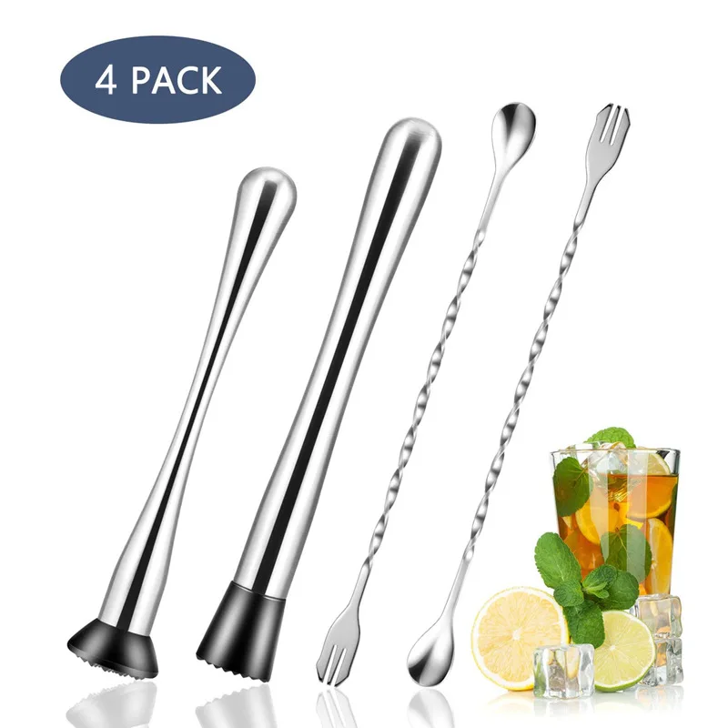 Home Bar Tools 4-Pieces Stainless Steel Cocktail Muddler and Mixing Spoon for Mojitos Fruit Based Drinks