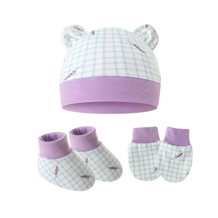 Baby Cotton Fetal Hat Scratchy Gloves And Foot Covers 3-Piece Set For Newborn Ear Hat 0-6 Months