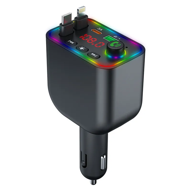 Bt5.3 Fm Transmitter Handsfree Car Radio Modulator Mp3 Player Usb Type C Super Fast Car Charger With Retractable Cable For Car