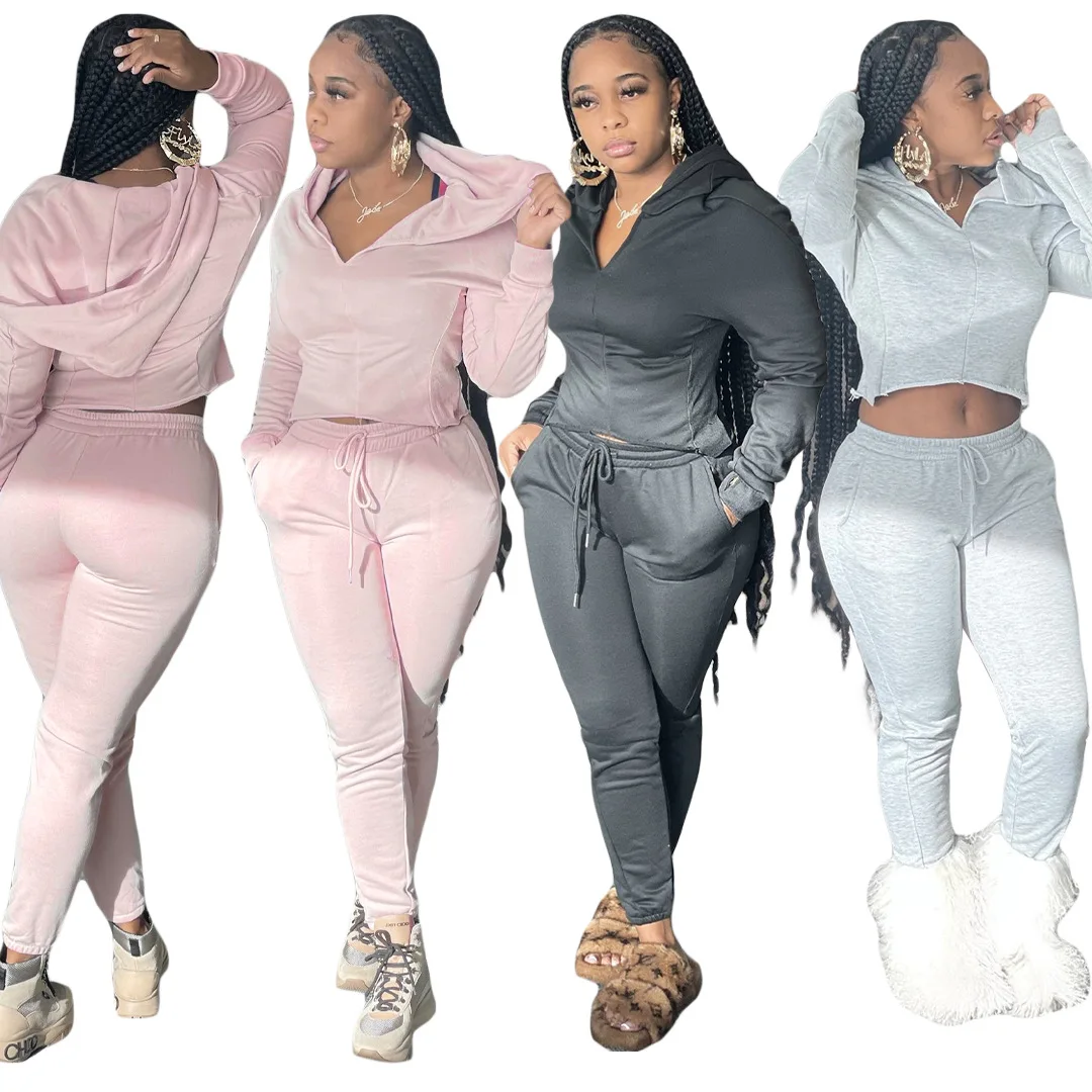 Hot Sale R12088 - Autumn Winter Casual Solid Color Hoodie And Pants Women Sporting Suits