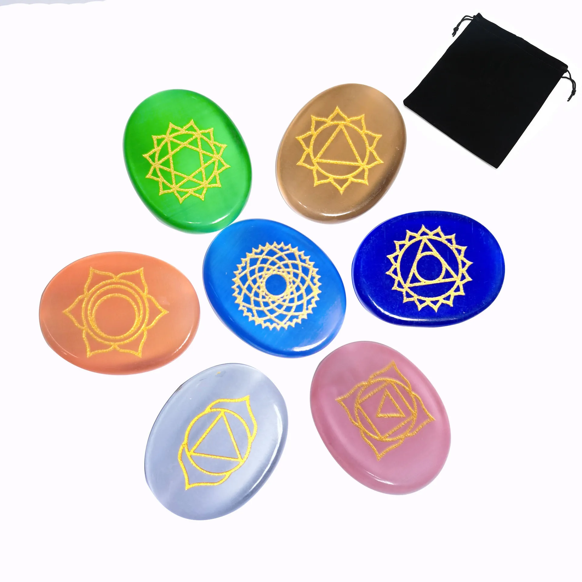Colorful Cat Eye Stone Natural Crystal 7 Chakra Stone Kit Crystal Engraving Reiki Symbol Energy Yoga Healing Stone Wholesale