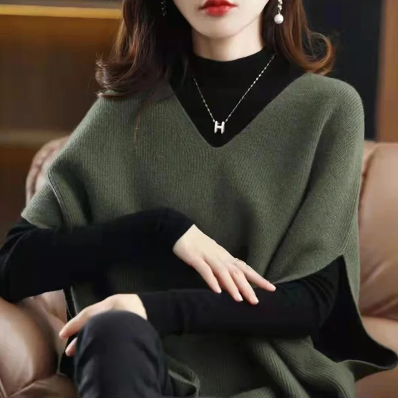 Women Pullover Knit Vest Knitwear Fashion V-neck Shawl Sweater Tops Batwing Loose Sleeveless Spring Autumn Knitwear Casual Vest