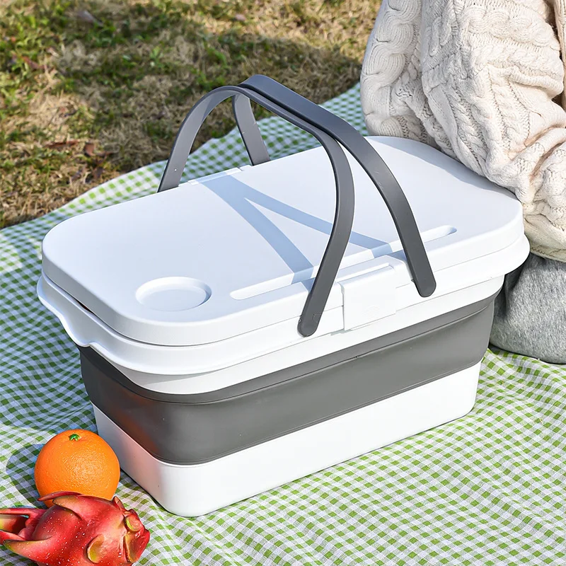 2023 New Outdoor Picnic Basket With Cover Food Drink Fruit Storage Container Portable Folding Picnic Basket
