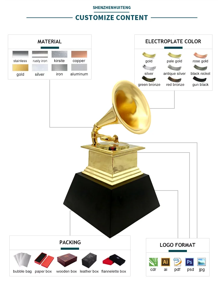 Best sale golden  zinc alloy black crystal base music metal radio trophy customized  grammy award trophy