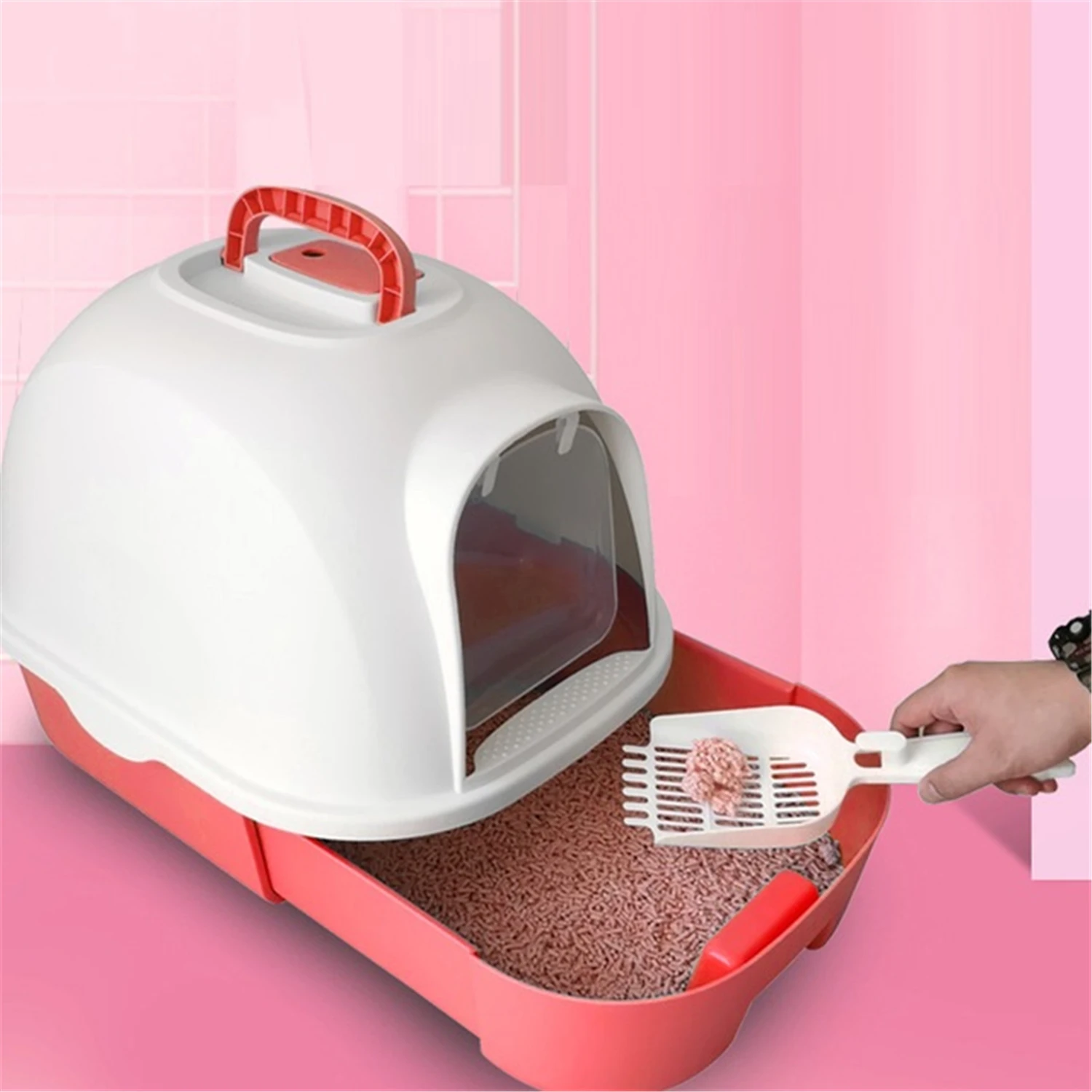 
Large fully enclosed cat litter box toilet with drawer with handle together with litter scoop 190166112-03 