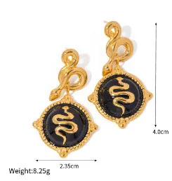 ERESI Vintage Hiphop Jewelry Series Black Onyx Earrings 18K Gold Plated Stainless Steel Snake Stud Earring Black Stone Earring