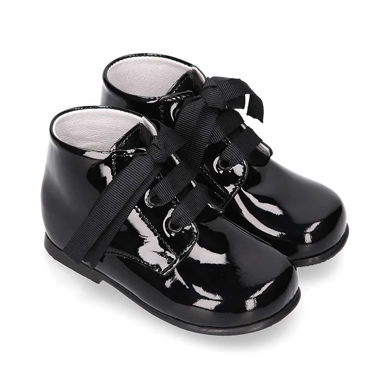 High Quality Kids Black Patent Leather Ankle Boots To Dress Fitted With Ties Closure for Little Girl Boots