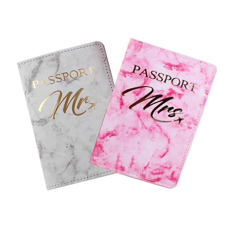 Fashion Marble Pattern Golde Stamping Mr Mrs Passport Holder Travel Document Case for Couple Pu Leather Passport Cover