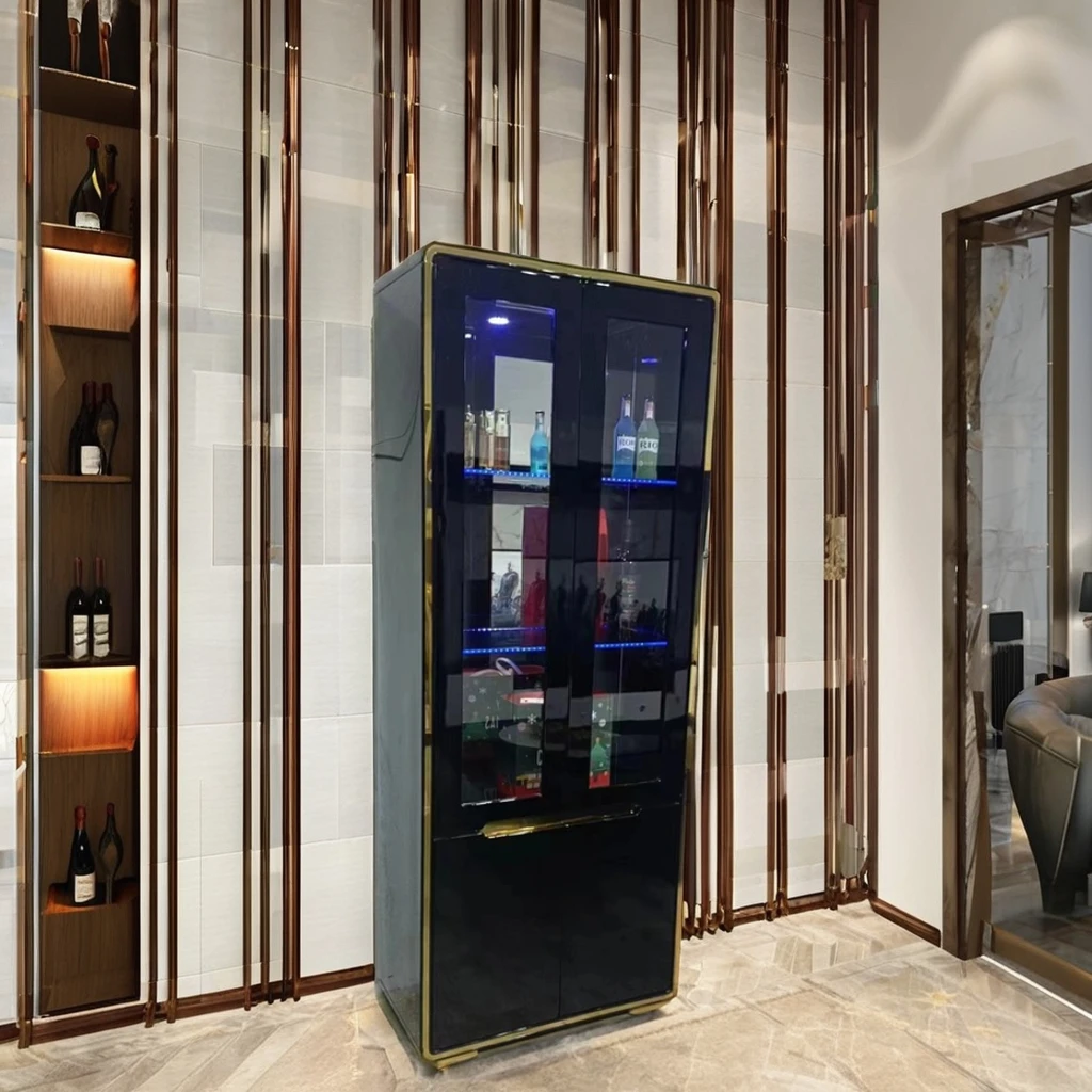 Elegant Modern Wine Cabinet Locker 1703 Lighting Piano Paint High Quality High Density Board Glass Wine Rack Black Display