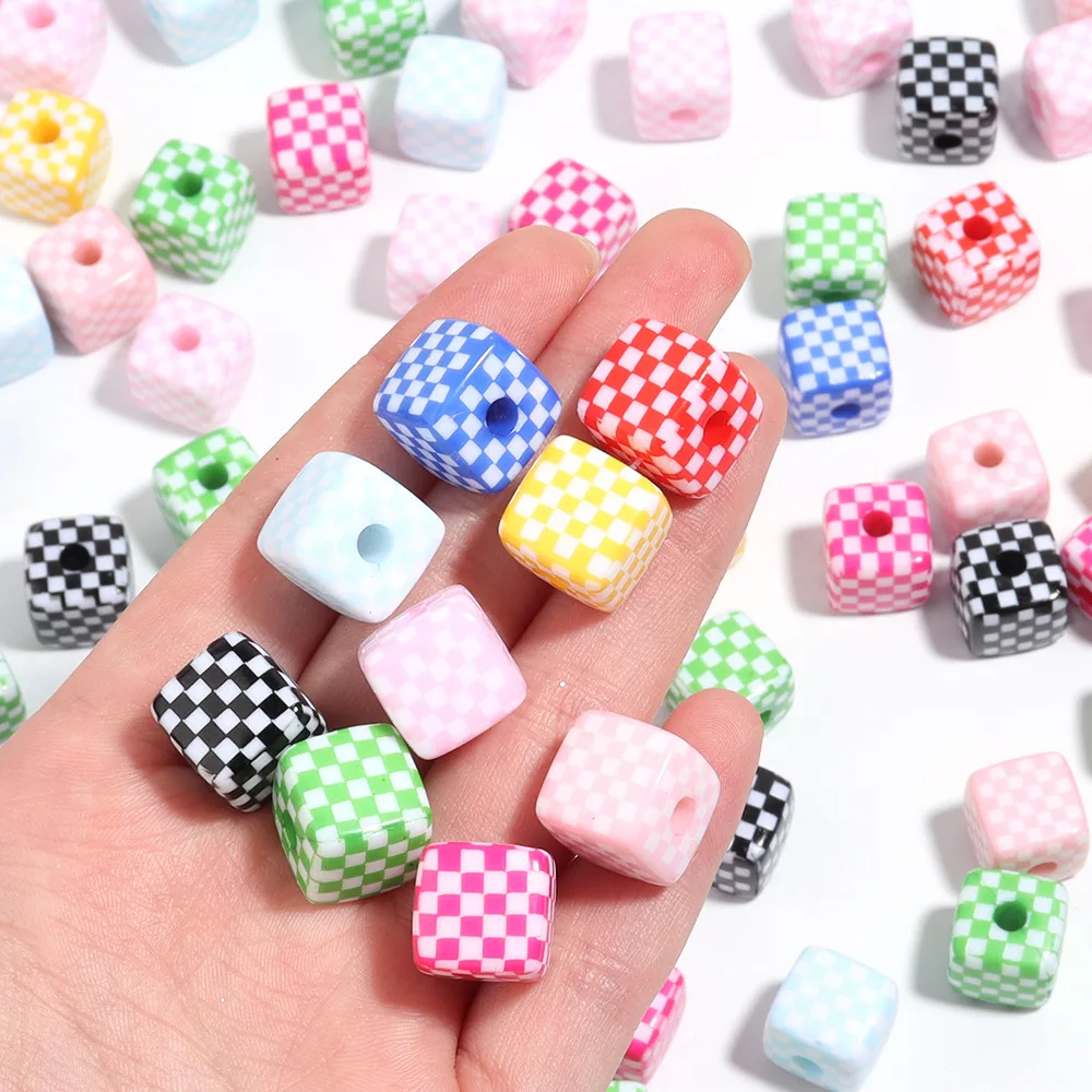Good Quality Acrylic Plastic Lucite Beads Wholesale Colorful Plaid Decoration square 13mm